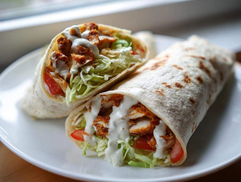Two halves of a Crispy Chicken Wrap with Creamy Garlic Sauce, filled with lettuce, tomato, and crispy chicken.