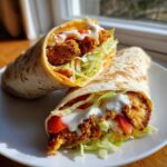A halved Crispy Chicken Wrap with Creamy Garlic Sauce showing crispy chicken, lettuce, tomato, and sauce.
