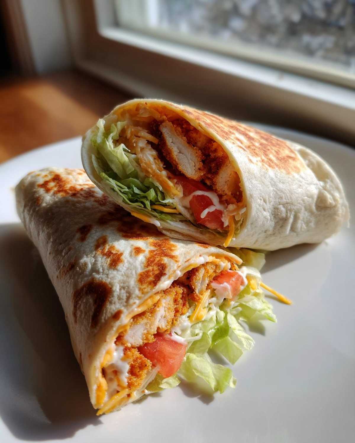 Two halves of a Crispy Chicken Wrap with Creamy Garlic Sauce, showing crispy chicken, lettuce, tomato, and cheese.