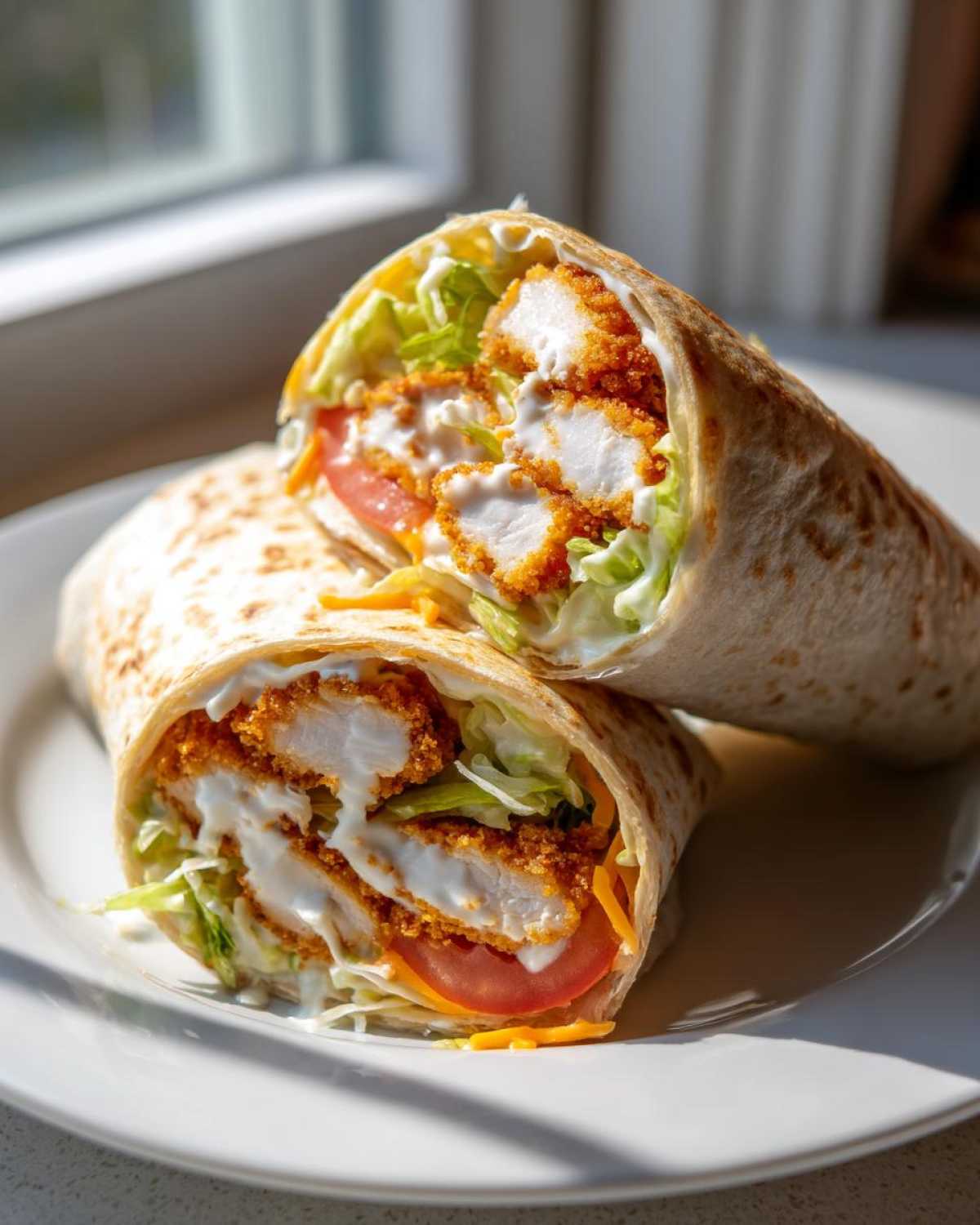Two halves of a Crispy Chicken Wrap with Creamy Garlic Sauce, showing crispy chicken pieces, lettuce, tomato, and sauce.