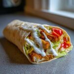 Close-up of a Crispy Chicken Wrap with Garlic Yogurt Sauce generously drizzled over fried chicken strips, lettuce, and tomatoes.