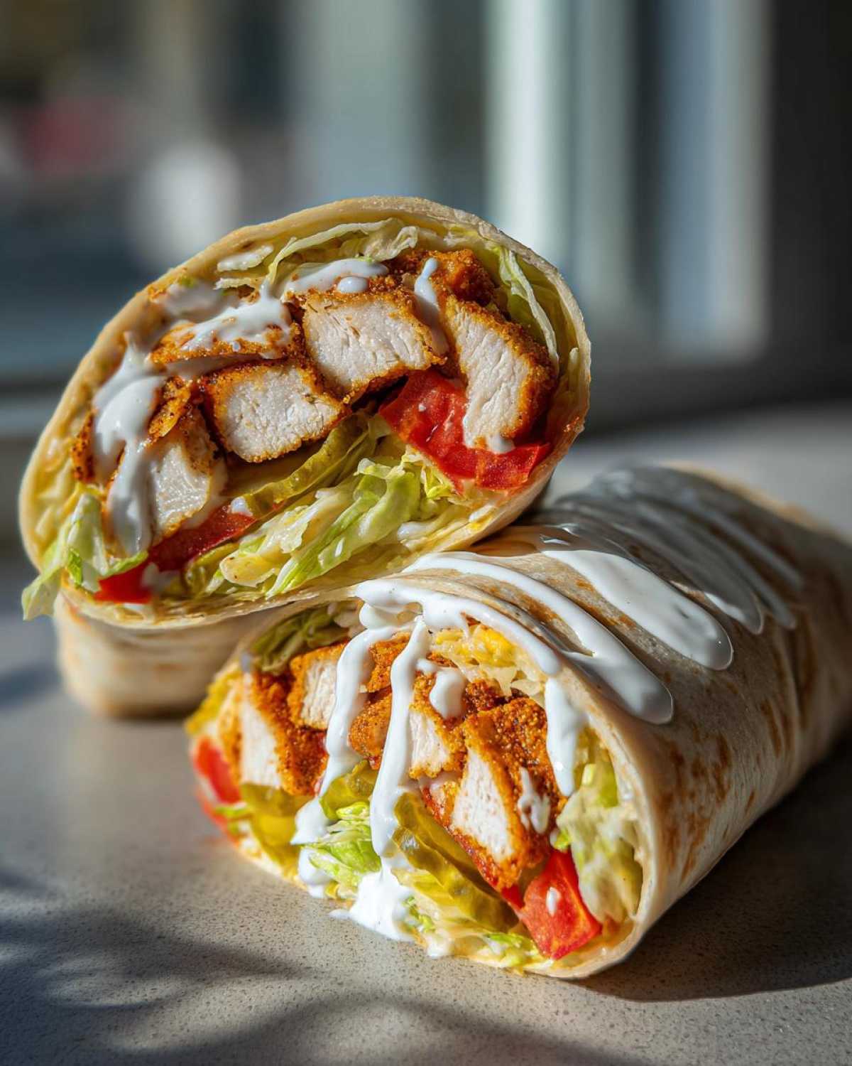 A cross-section of a Crispy Chicken Wrap with Garlic Yogurt Sauce, showing crispy chicken, lettuce, tomato, and pickles.