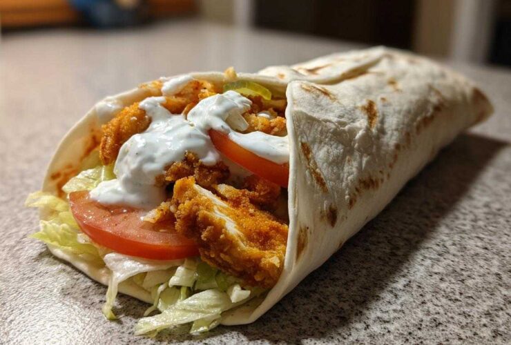 A close-up of a Crispy Chicken Wrap with Garlic Yogurt Sauce, filled with fried chicken, lettuce, and tomato.