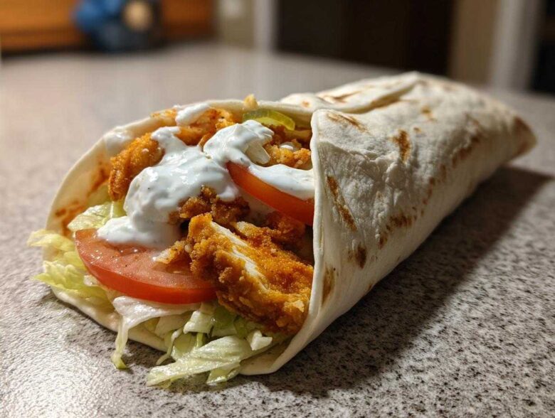 A close-up of a Crispy Chicken Wrap with Garlic Yogurt Sauce, filled with fried chicken, lettuce, and tomato.