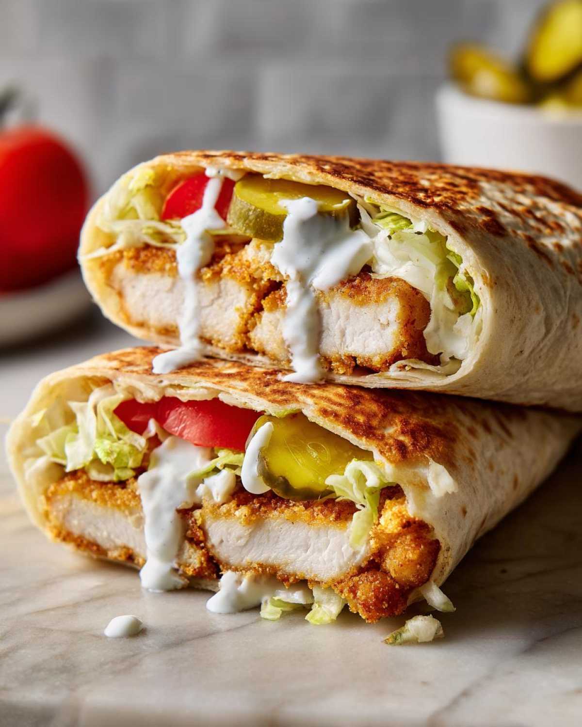 A halved Crispy Chicken Wrap showing crispy chicken, lettuce, tomato, pickles, and dripping Garlic Yogurt Sauce.