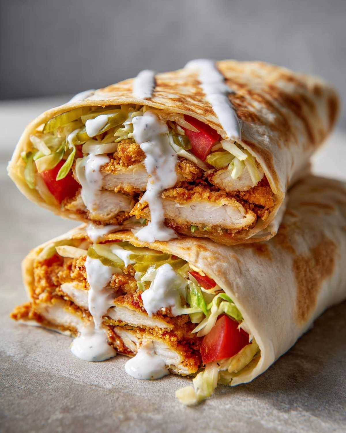 Two halves of a Crispy Chicken Wrap with Garlic Yogurt Sauce stacked, showing crispy chicken, lettuce, tomato, and pickles.