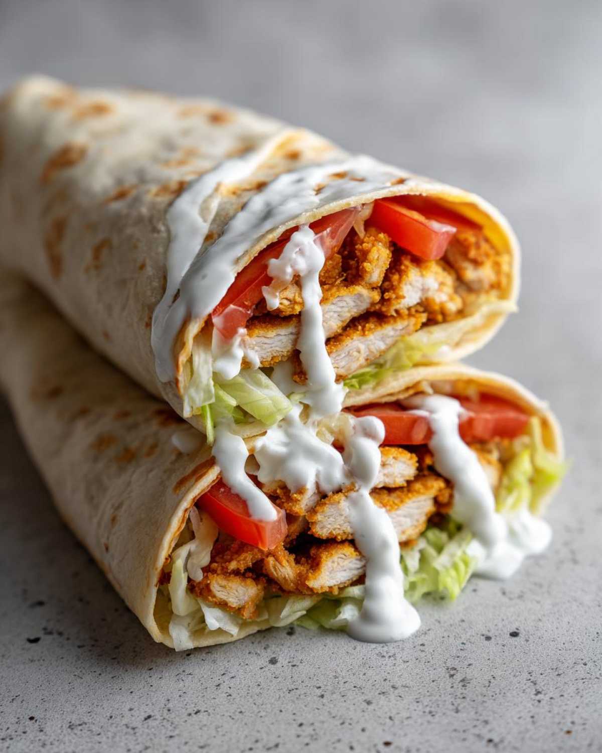 Two halves of a Crispy Chicken Wrap with Garlic Yogurt Sauce stacked, showing crispy chicken, lettuce, tomato, and pickles.