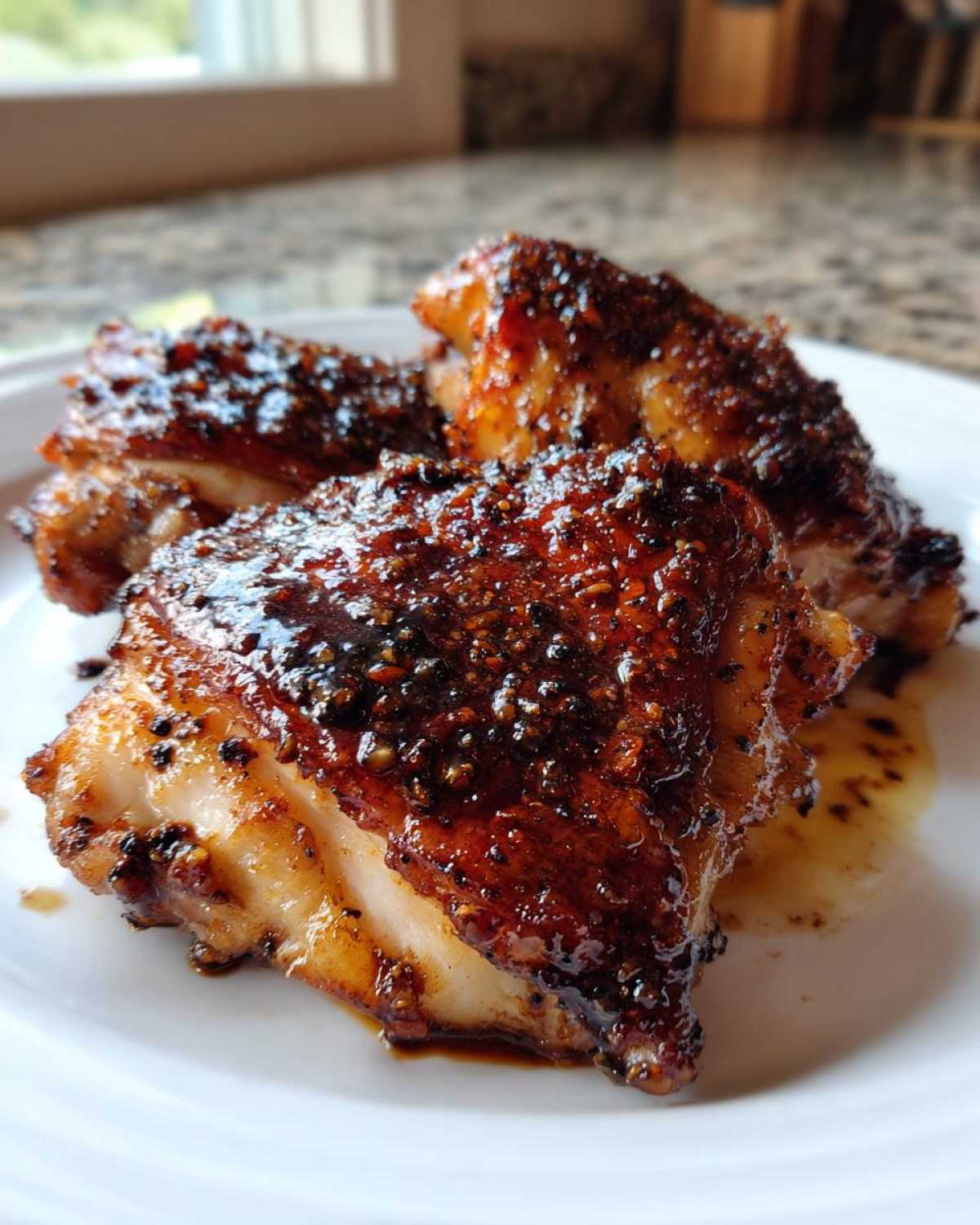 Close-up of three Honey Soy Chicken Thighs with crispy, glazed, dark edges on a white plate.