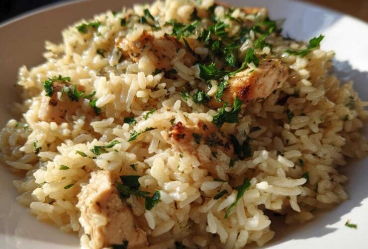 Close-up of Garlic Butter Rice with Chicken Skillet, garnished with fresh parsley.