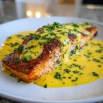 A perfectly cooked fillet of salmon topped with rich, yellow creamy lemon sauce and fresh parsley, showcasing the Garlic Butter Salmon.