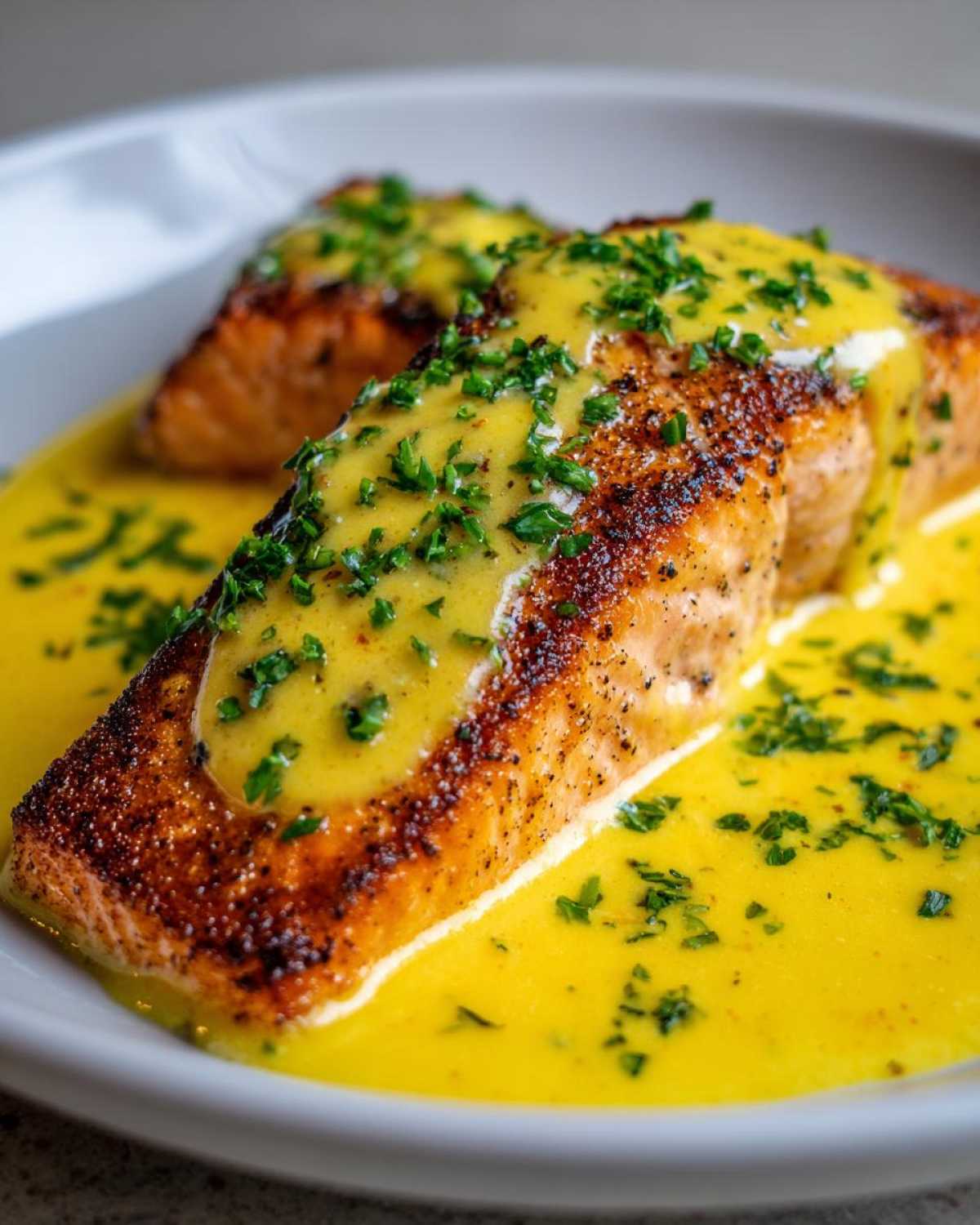 Close-up of perfectly seared Garlic Butter Salmon with Creamy Lemon Sauce, topped with fresh parsley.
