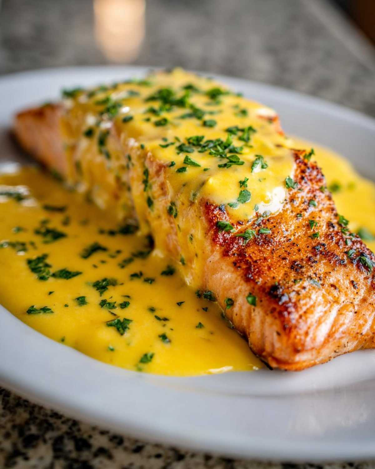 Close-up of a seared salmon fillet generously topped with a rich, yellow Creamy Lemon Sauce and fresh parsley.