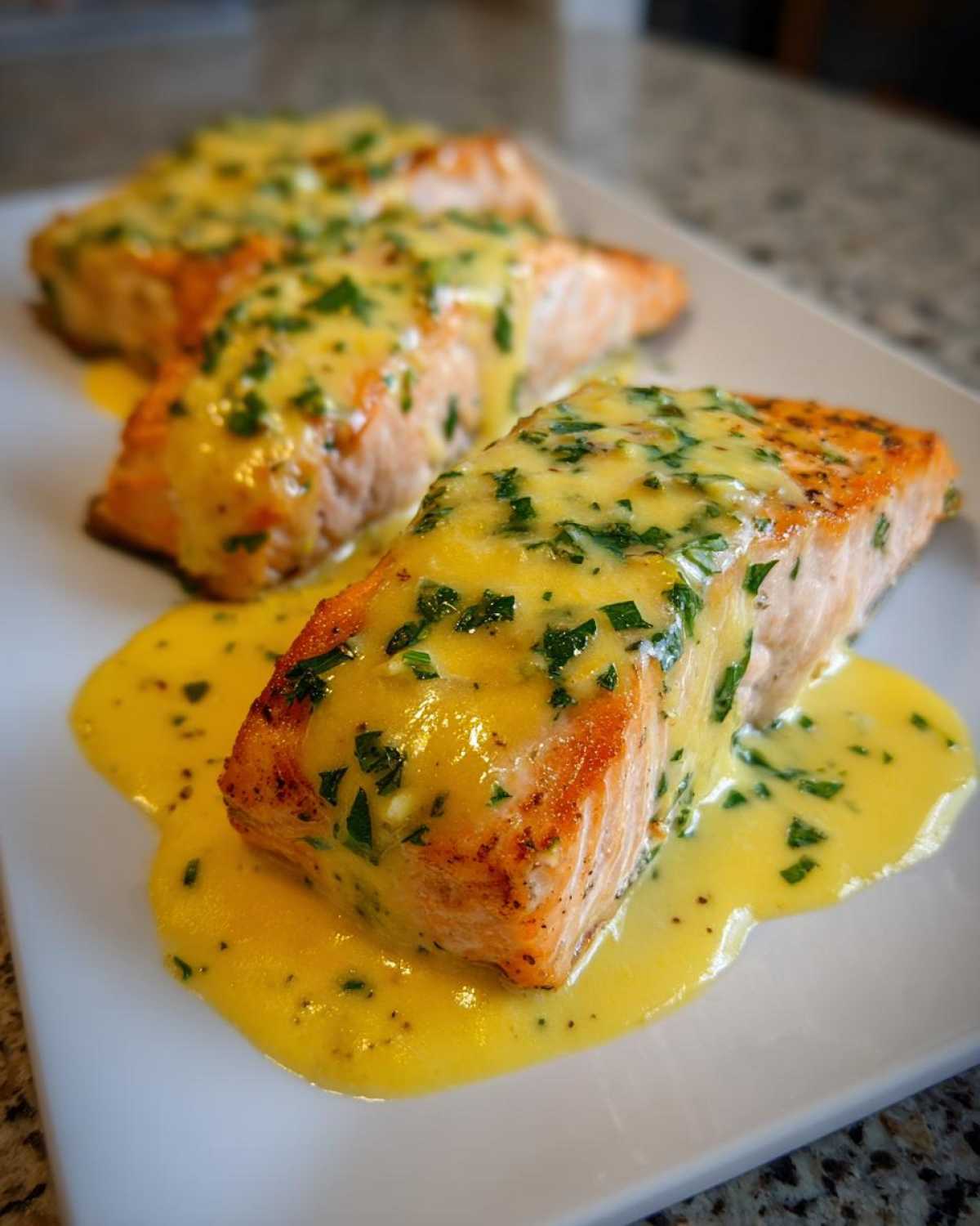 Close-up of perfectly cooked salmon fillets topped with a rich, yellow Garlic Butter Salmon with Creamy Lemon Sauce and fresh parsley.