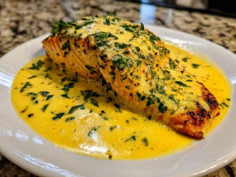 A perfectly cooked salmon fillet generously topped with creamy lemon sauce and fresh herbs, ready to eat.