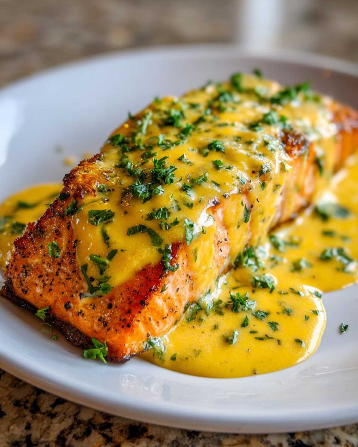 Close-up of a perfectly cooked salmon fillet topped with rich, yellow Garlic Butter Salmon with Creamy Lemon Sauce and fresh parsley.