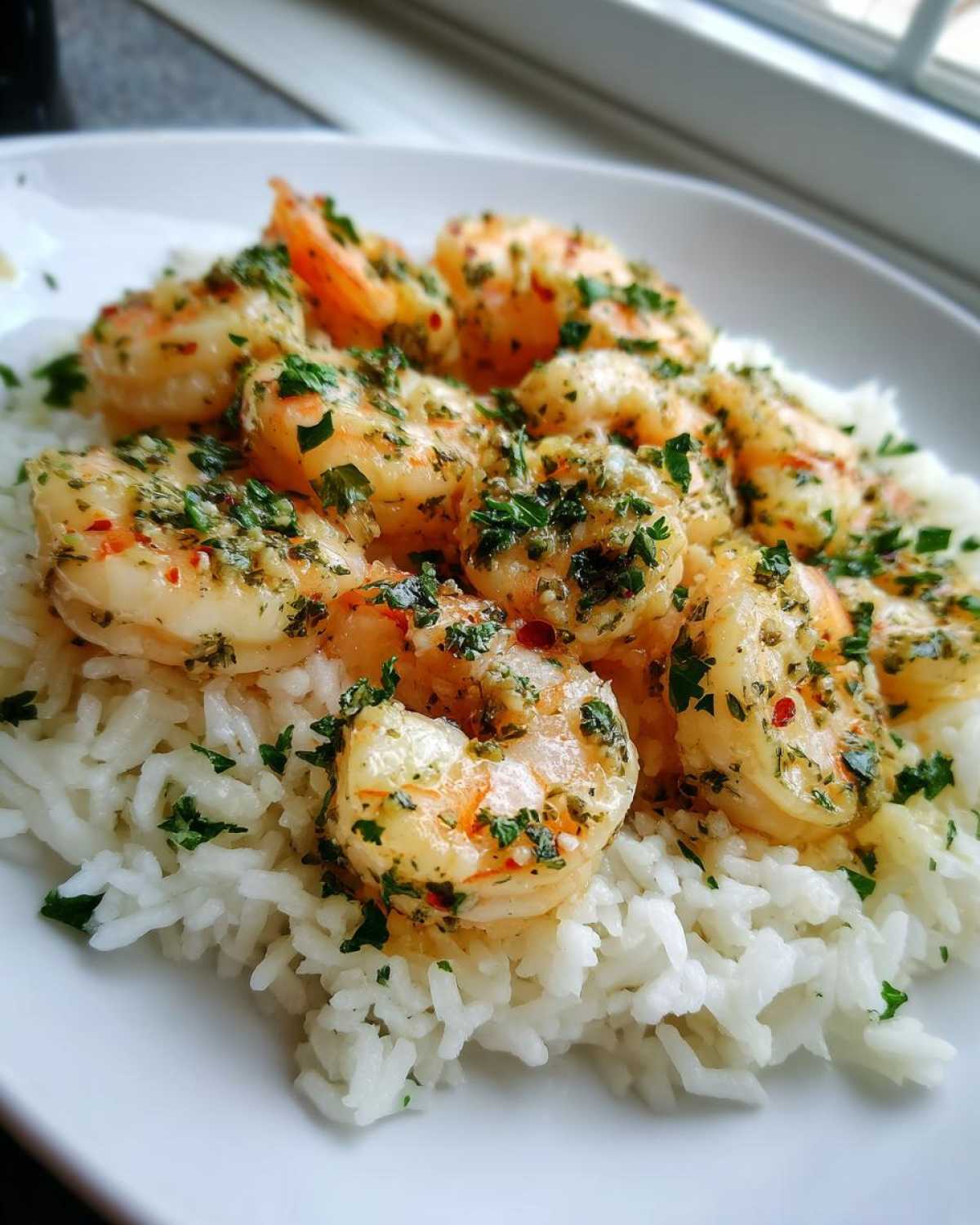 Close-up of Garlic Butter Shrimp and Rice topped with fresh parsley and chili flakes.