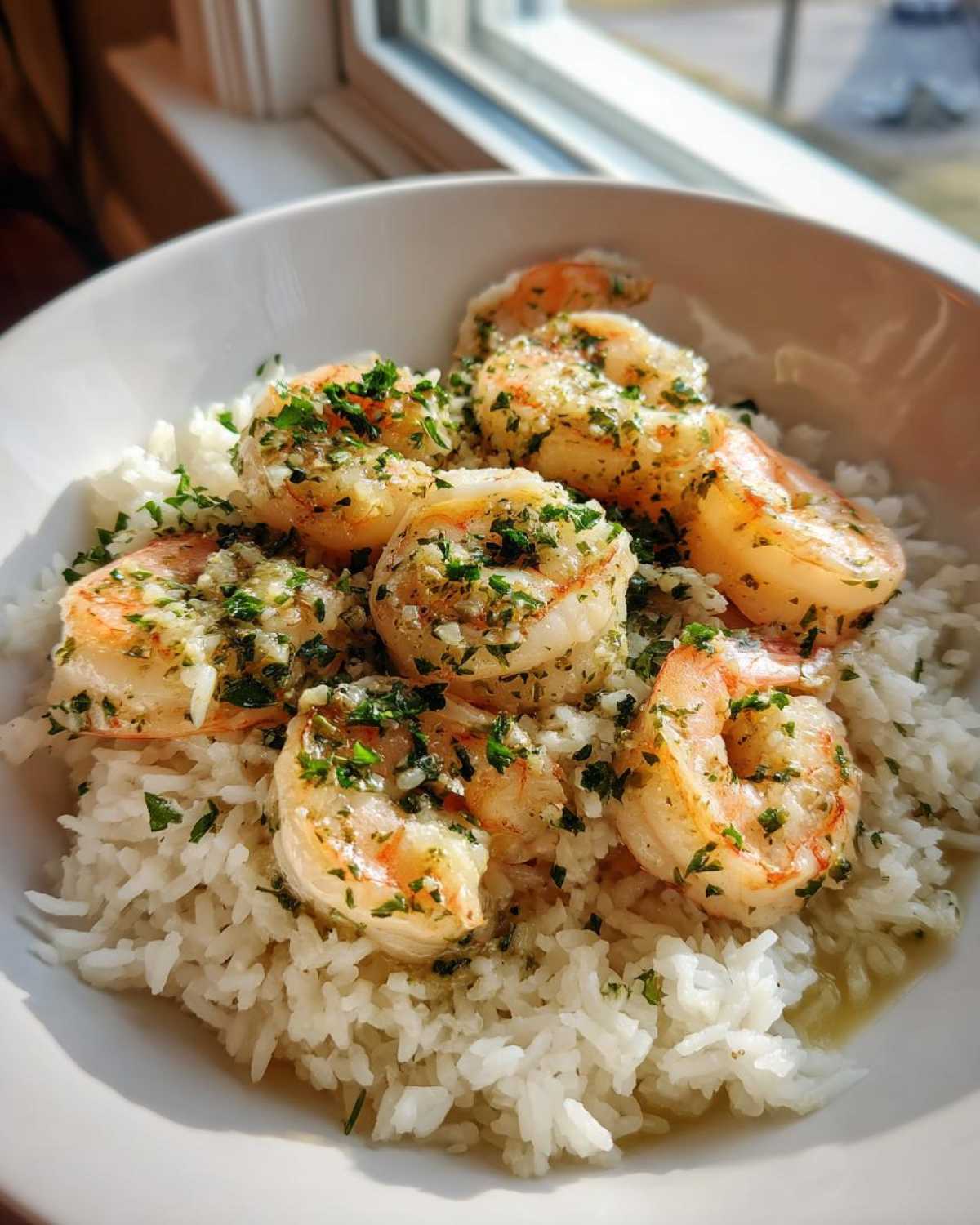 A white bowl filled with white rice topped with succulent Garlic Butter Shrimp and Rice Easy Recipe, garnished with parsley.