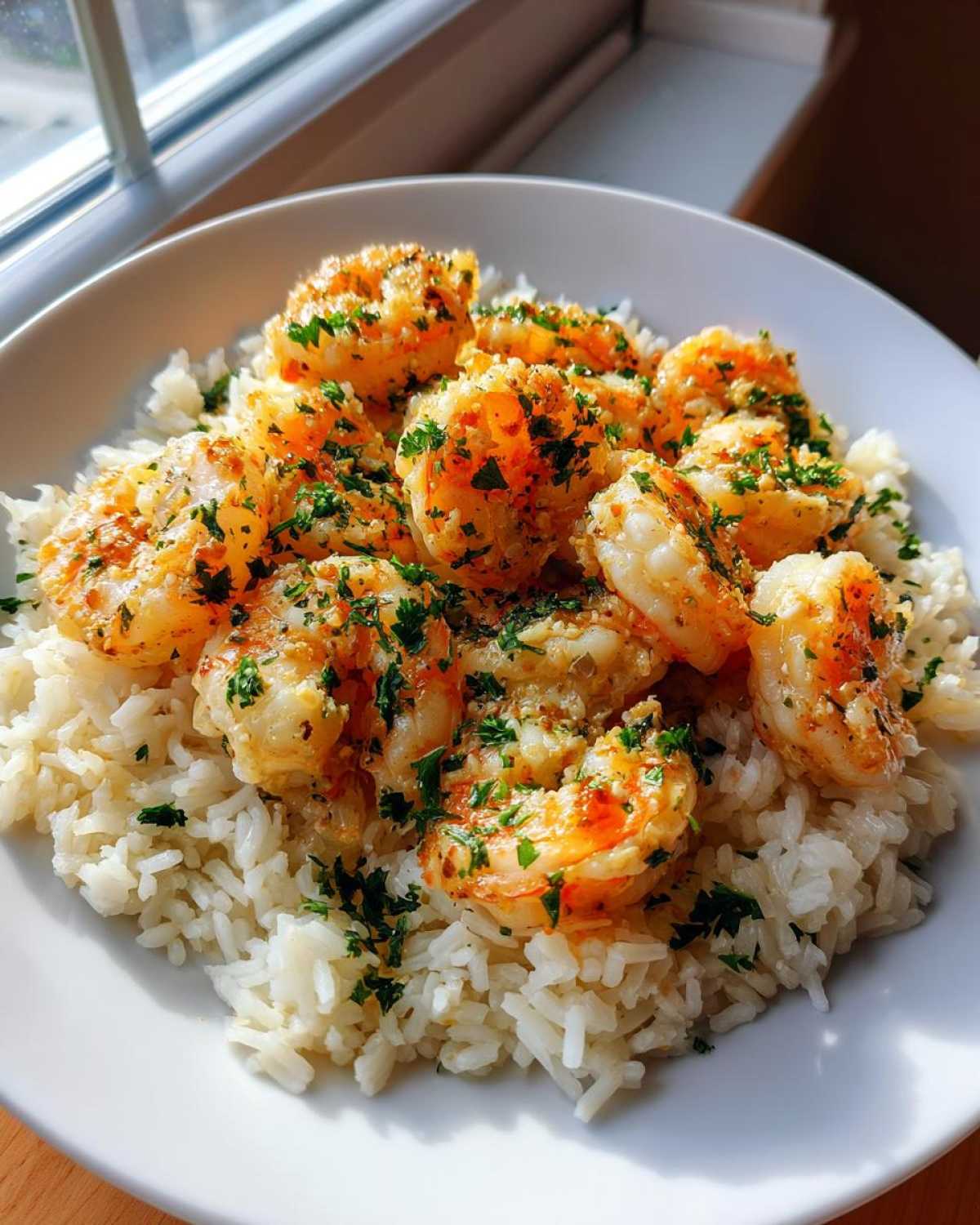 A white bowl filled with white rice topped generously with juicy Garlic Butter Shrimp and Rice Easy Recipe, garnished with parsley.