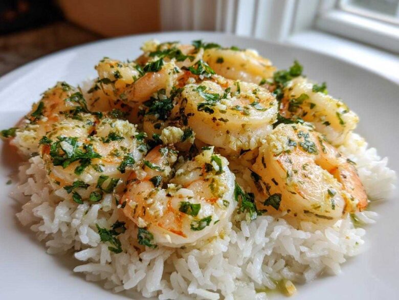 Plated serving of Garlic Butter Shrimp and Rice Easy Recipe, topped with fresh parsley.