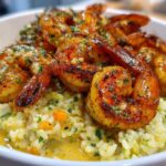 Close-up of a white bowl filled with Garlic Butter Shrimp Bowl with Rice, featuring seasoned shrimp over creamy rice.