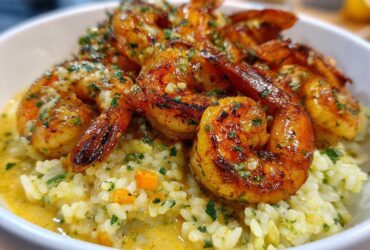 Close-up of a white bowl filled with Garlic Butter Shrimp Bowl with Rice, featuring seasoned shrimp over creamy rice.