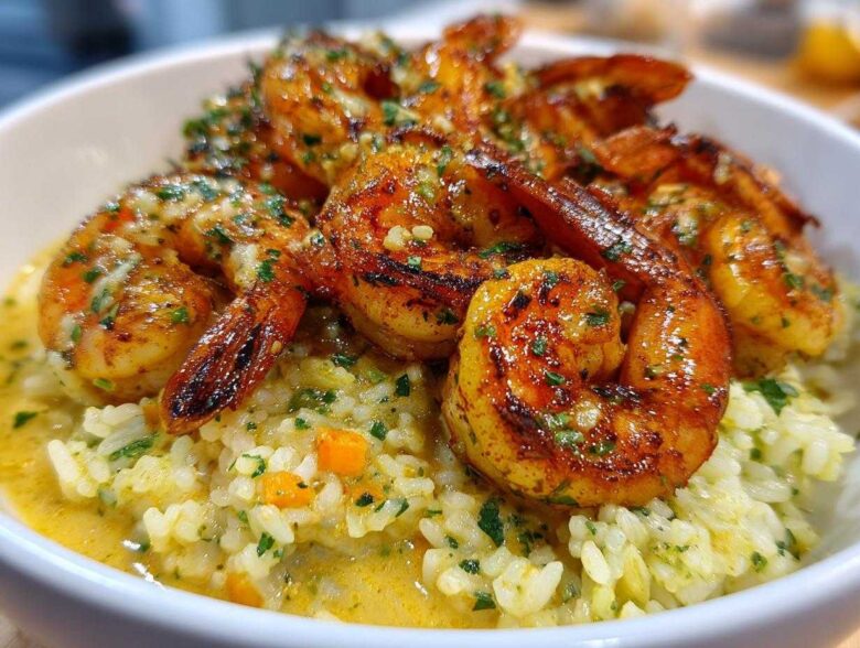 Close-up of a white bowl filled with Garlic Butter Shrimp Bowl with Rice, featuring seasoned shrimp over creamy rice.