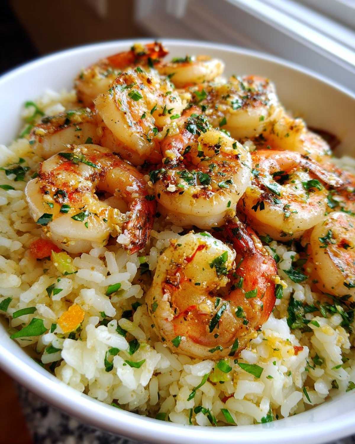Close-up of juicy Garlic Butter Shrimp Bowl with Rice topped with fresh parsley.
