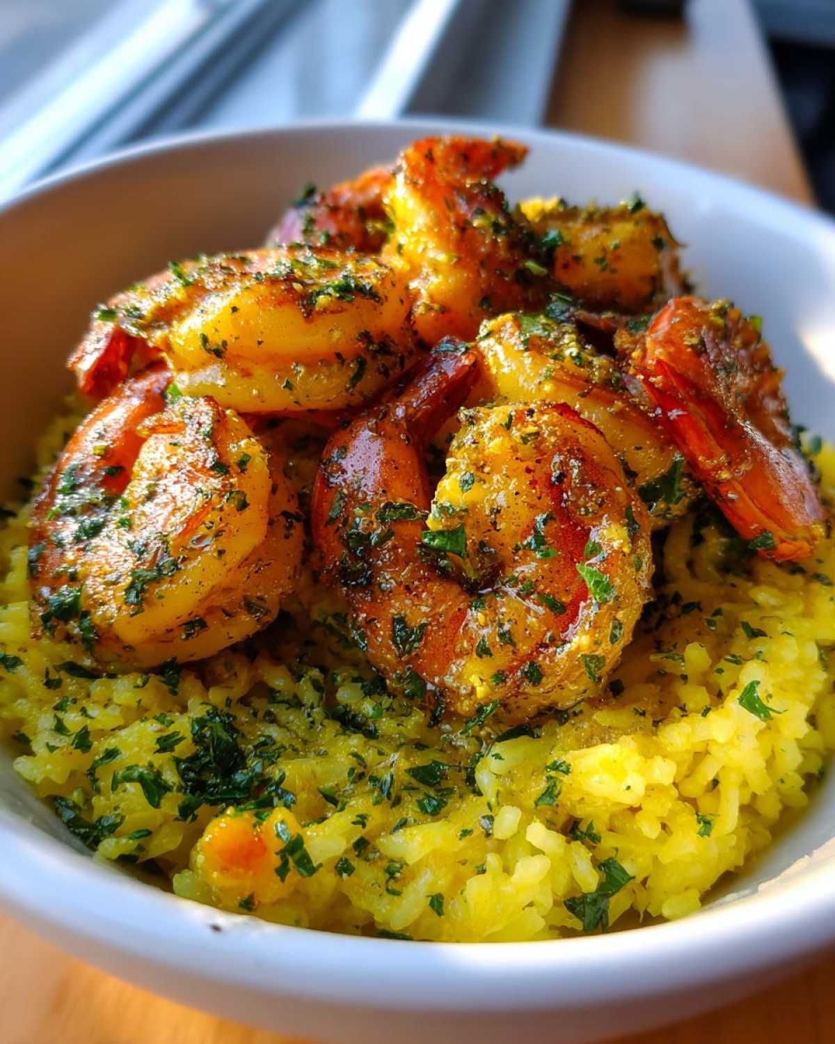 Close-up of a Garlic Butter Shrimp Bowl featuring plump, seasoned shrimp over bright yellow rice, garnished with parsley.