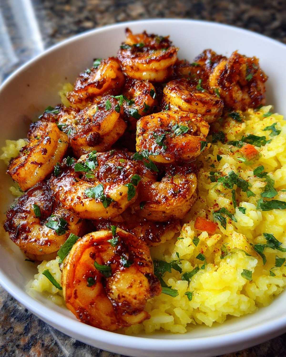 Close-up of a white bowl filled with Garlic Butter Shrimp Bowl with Rice, featuring seasoned shrimp over yellow rice.
