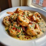 Plump shrimp coated in a rich Garlic Butter Shrimp with Creamy Parmesan Sauce, garnished with herbs and chili flakes.