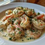 Plump shrimp coated in a rich, creamy parmesan sauce, garnished with parsley and red pepper flakes, ready to eat.