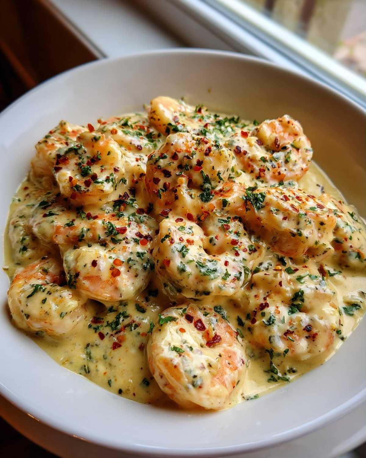 Plump shrimp coated in a rich, creamy Parmesan sauce, topped with parsley and red pepper flakes, showcasing the Garlic Butter Shrimp recipe.