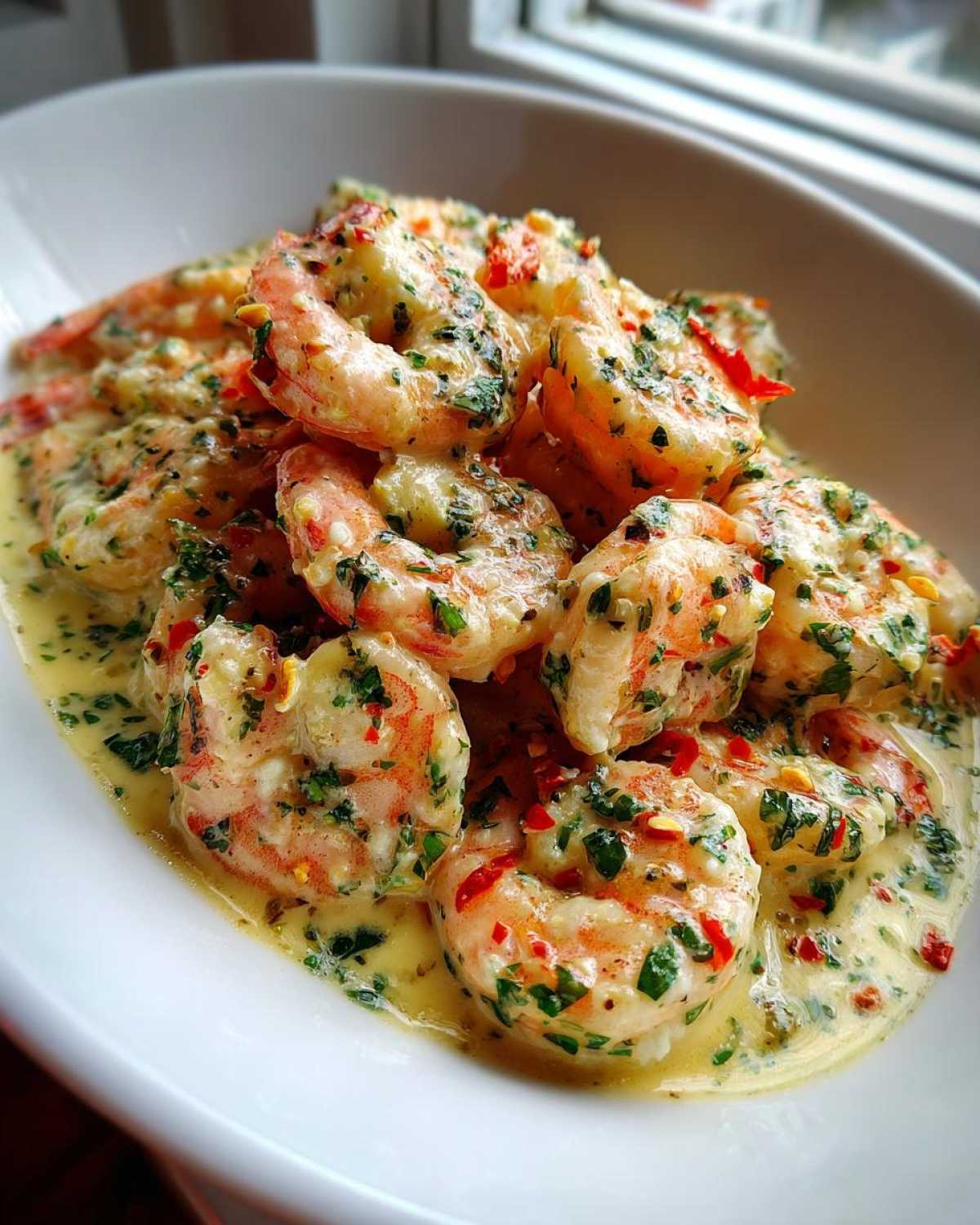 Close-up of shrimp coated in Garlic Butter Shrimp with Creamy Parmesan Sauce, garnished with parsley and chili flakes.