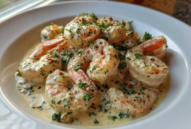Plump shrimp coated in a rich, creamy parmesan sauce, garnished with parsley and red pepper flakes, ready to eat.