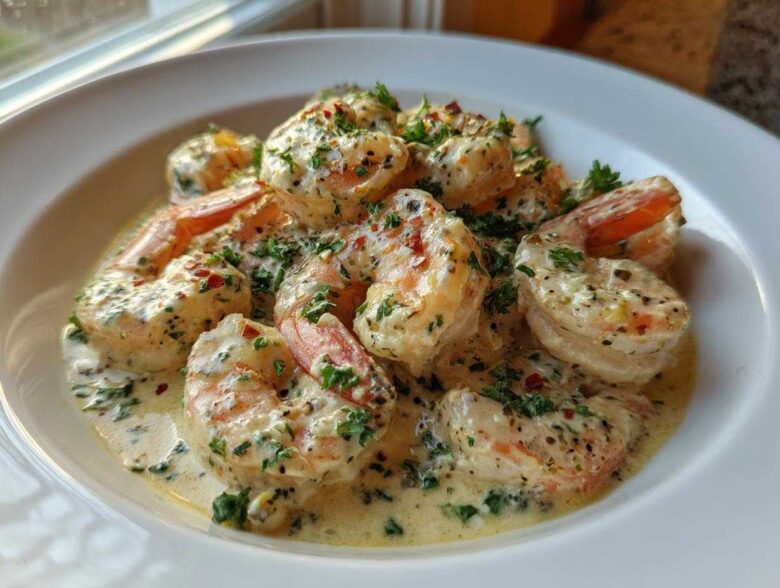 Plump shrimp coated in a rich, creamy parmesan sauce, garnished with parsley and red pepper flakes, ready to eat.