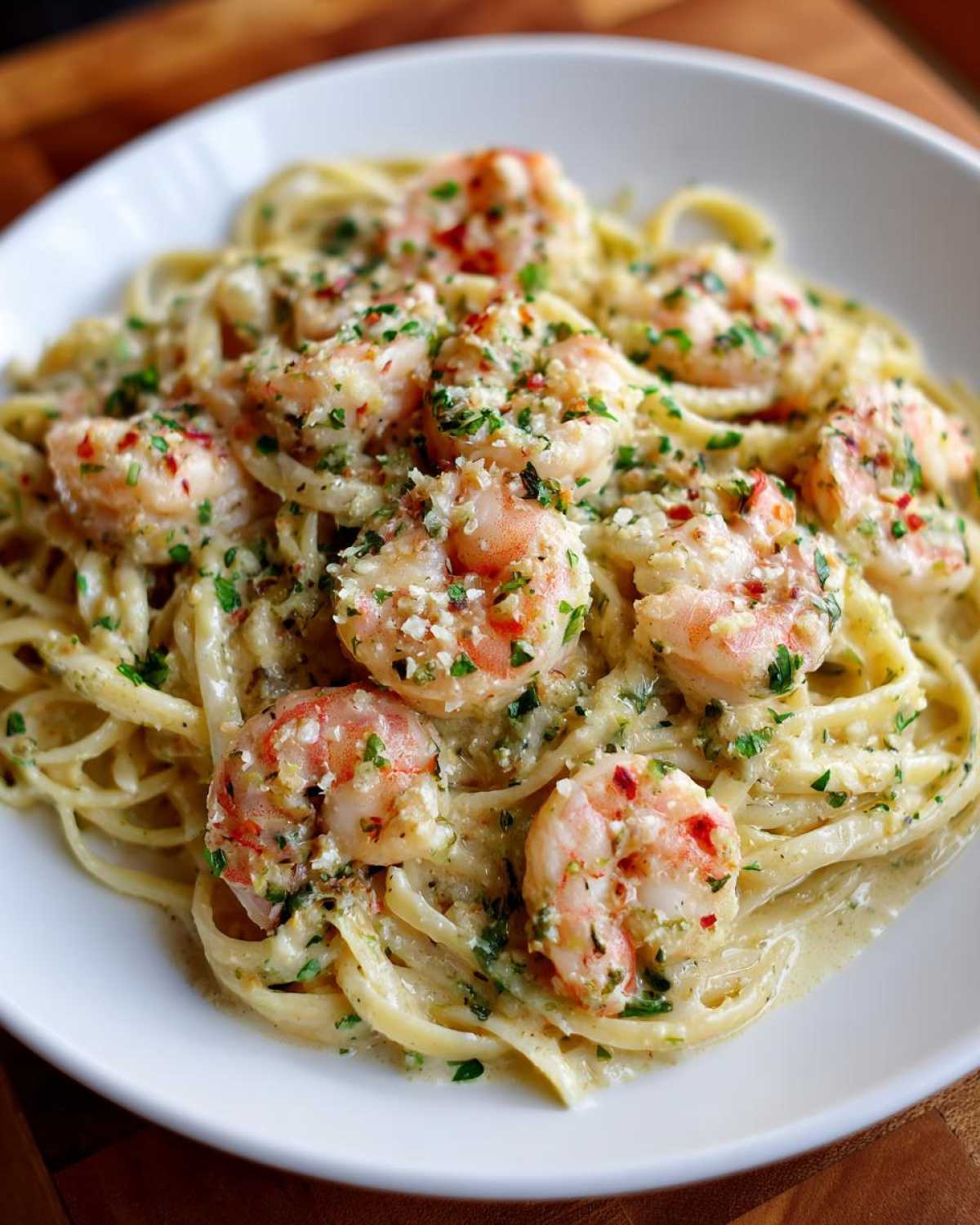 Close-up of Garlic Butter Shrimp Pasta with Cream Sauce, topped with parsley and red pepper flakes.