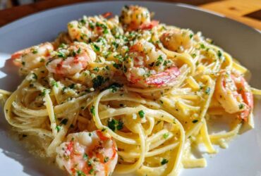 Close-up of creamy Garlic Butter Shrimp Pasta topped with parsley and visible garlic bits.