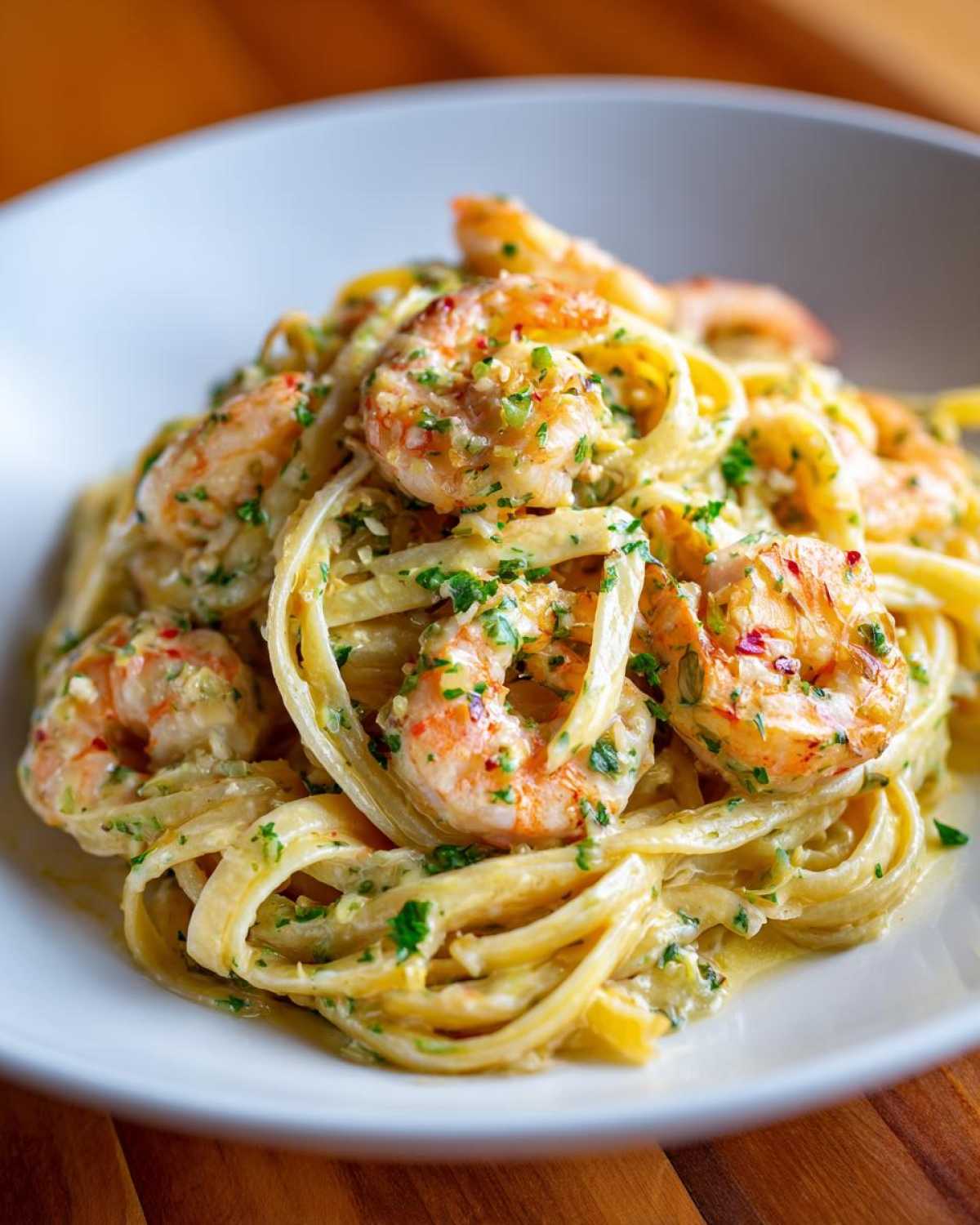 A close-up of creamy fettuccine tossed with succulent shrimp coated in garlic butter sauce and fresh parsley.