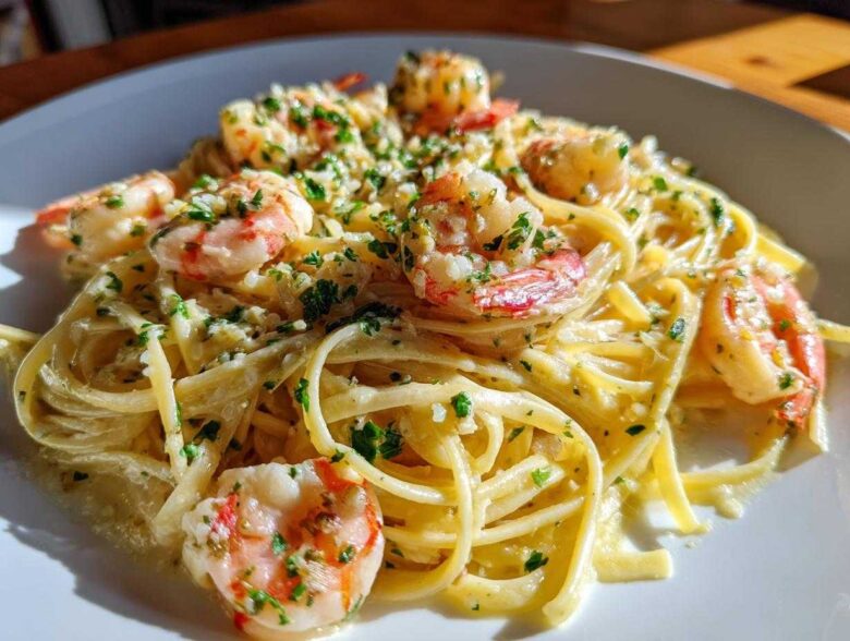 Close-up of creamy Garlic Butter Shrimp Pasta topped with parsley and visible garlic bits.
