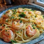 Close-up of Garlic Butter Shrimp Pasta with Lemon Flavor, topped with shrimp, parsley, and lemon zest.