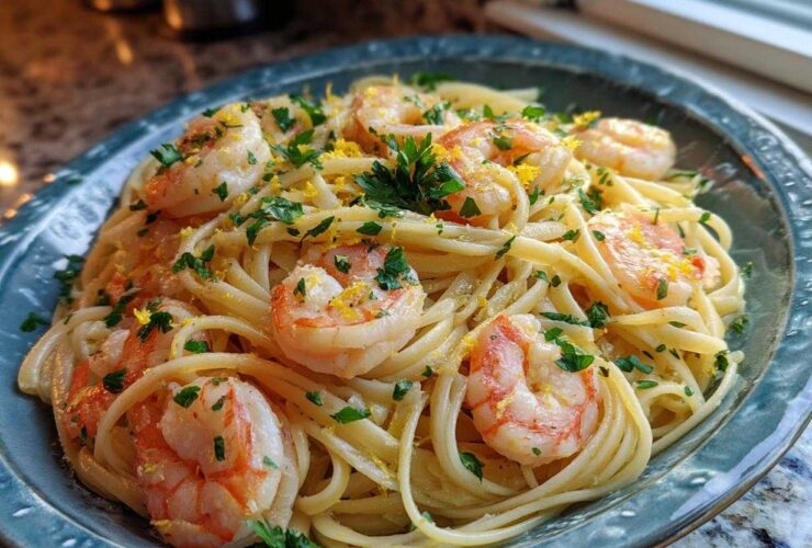 Close-up of Garlic Butter Shrimp Pasta with Lemon Flavor, topped with shrimp, parsley, and lemon zest.