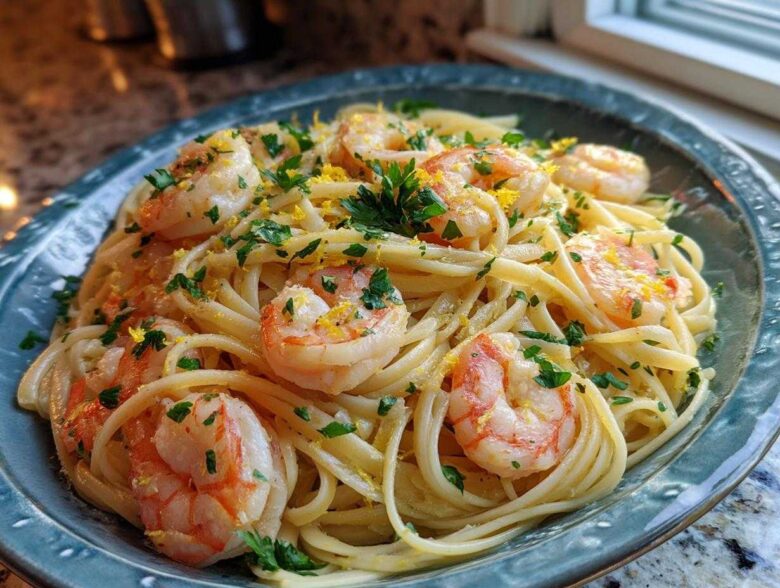 Close-up of Garlic Butter Shrimp Pasta with Lemon Flavor, topped with shrimp, parsley, and lemon zest.