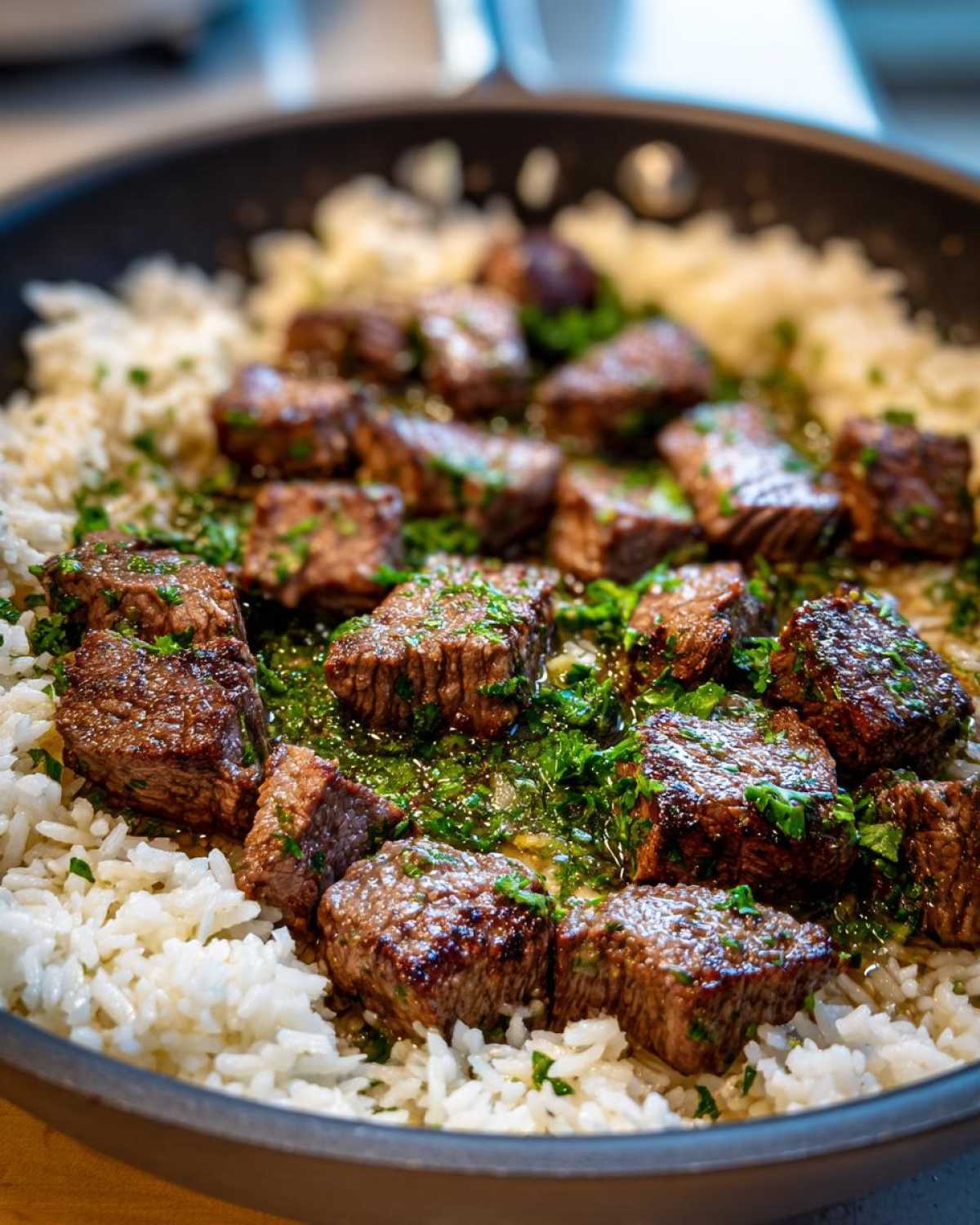 Close-up of seared steak bites nestled in white rice, coated in garlic butter sauce and fresh parsley for a Garlic Butter Steak and Rice Skillet Dinner.