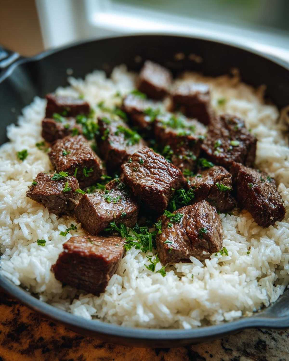 Close-up of tender steak bites served over fluffy white rice in a black skillet, garnished with parsley for a Garlic Butter Steak and Rice Skillet Dinner.