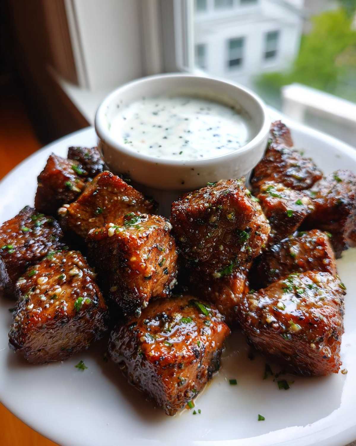A plate of glossy Garlic Butter Steak Bites garnished with herbs, served alongside a small bowl of creamy garlic sauce.