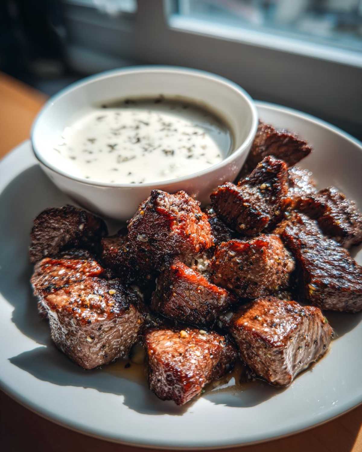 Perfectly seared Garlic Butter Steak Bites served with a side of creamy garlic sauce on a white plate.