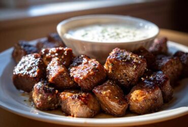 A plate piled high with glistening Garlic Butter Steak Bites served alongside a small bowl of creamy garlic sauce.