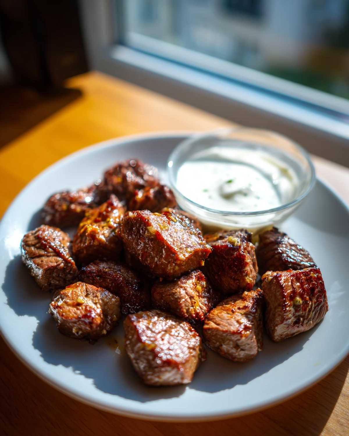 Plate of perfectly seared Garlic Butter Steak Bites served with a small bowl of creamy garlic sauce.