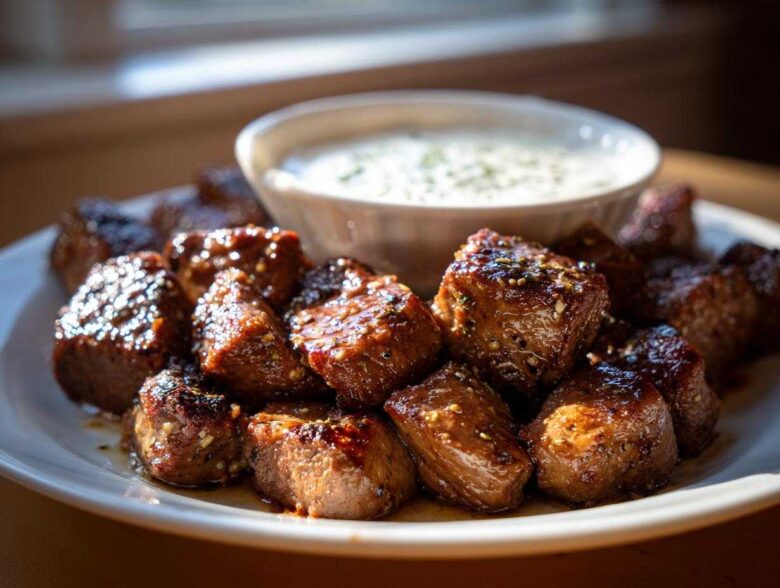 A plate piled high with glistening Garlic Butter Steak Bites served alongside a small bowl of creamy garlic sauce.