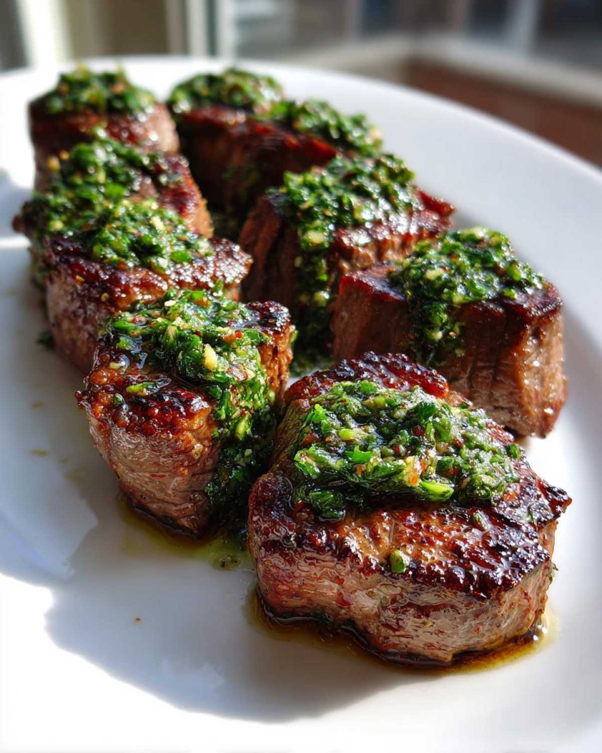 Close-up of seared Garlic Butter Steak Bites topped generously with a vibrant green herb sauce.